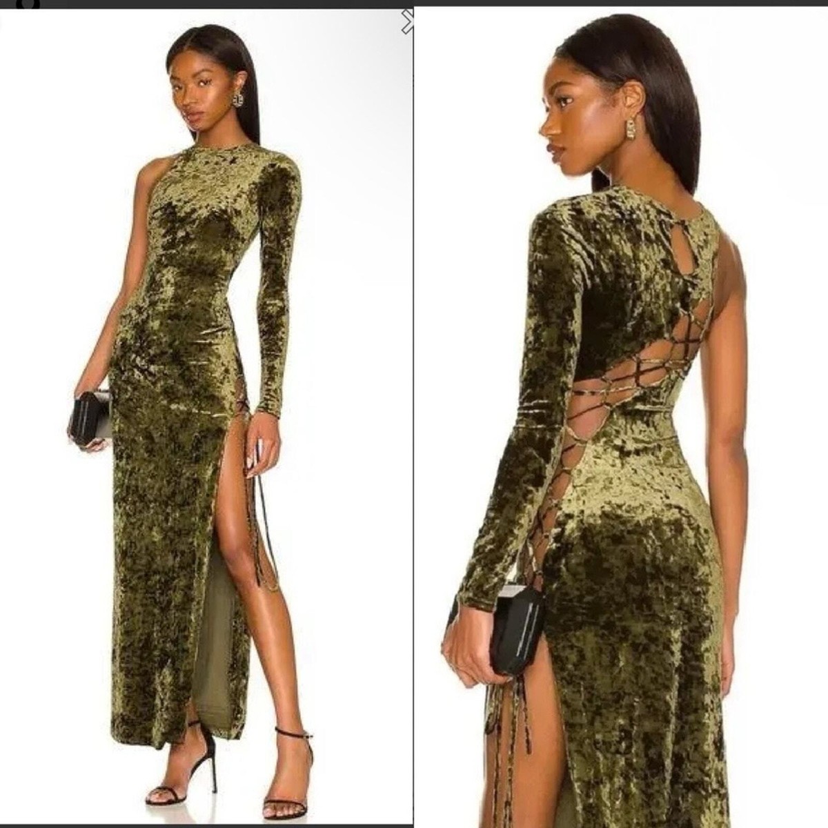 Camila Coelho Revolve Gabriel Maxi Olive Green crushed velvet lace up dress  M