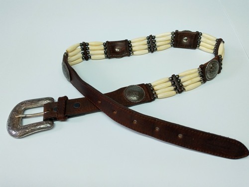 Carved Bone Bead \u0026 Concho Leather Belt 