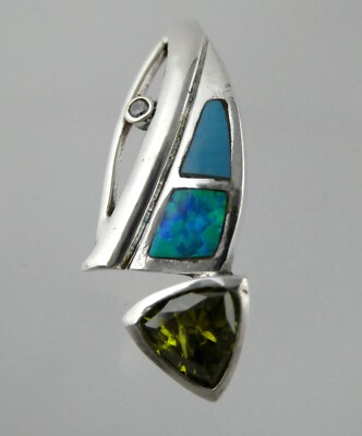Sterling Silber stabilisierter Türkis Lab Blue Opal und grüner CZ Anhänger 925 4,9g