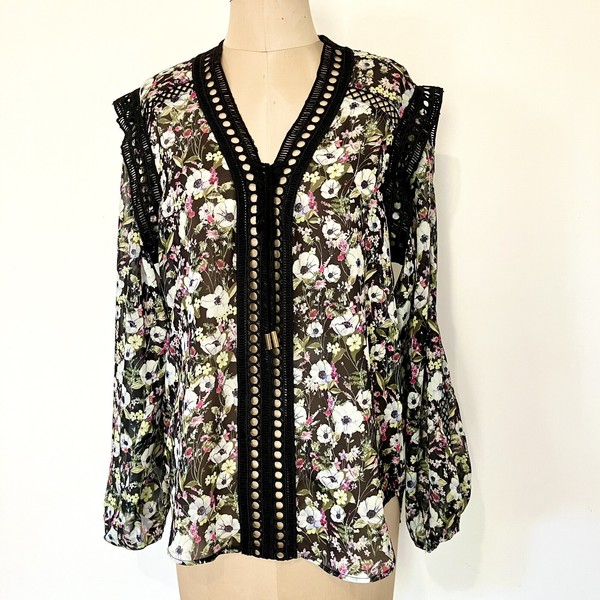 KAREN MILLEN Long Puff Sleeve Blouse Sz 10 Black Floral Shirt V Neck Top As New