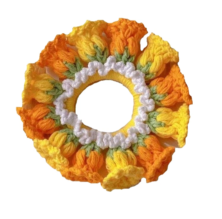 NEW Crochet Orange & Yellow Flowers Scrunchy Pony Tail Hair Accessories Floral  - Image 2 of 2