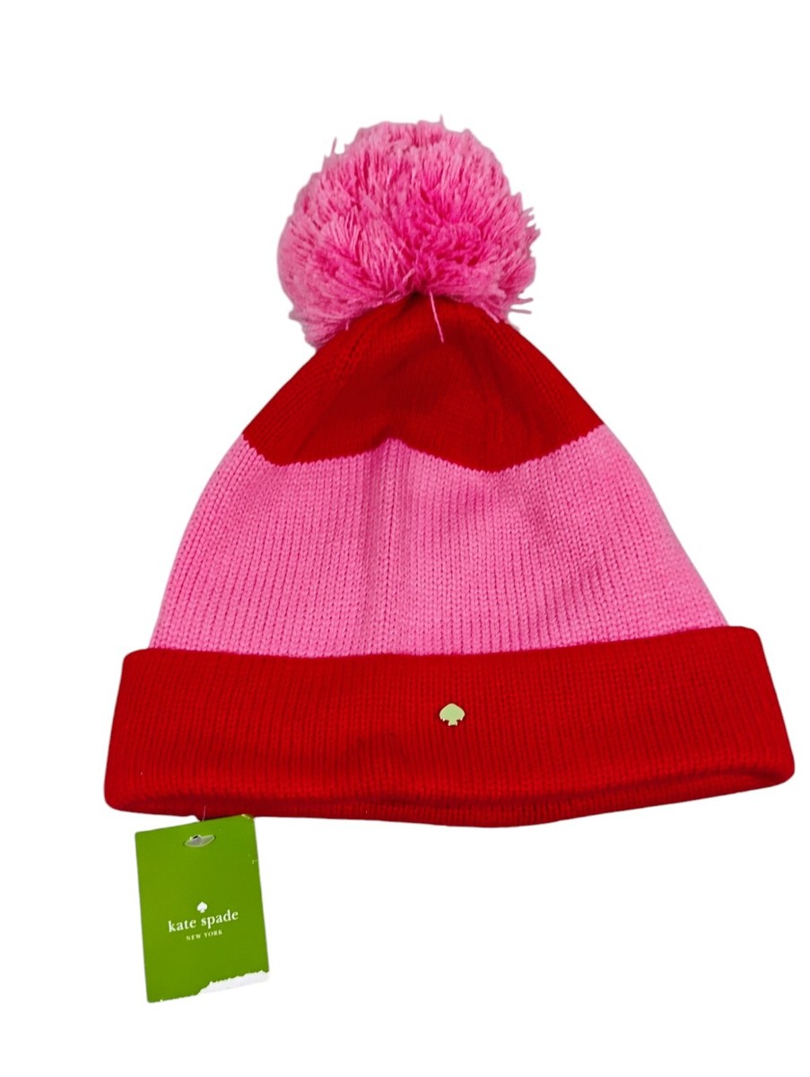 NWT KATE SPADE Color Block Pom-Pom Beanie Pink\\Red w Gold Metal Spade ♠️ Charm Kate Spade New York Color Block Beanie Pink Red Pom Knit Hat  main image 3