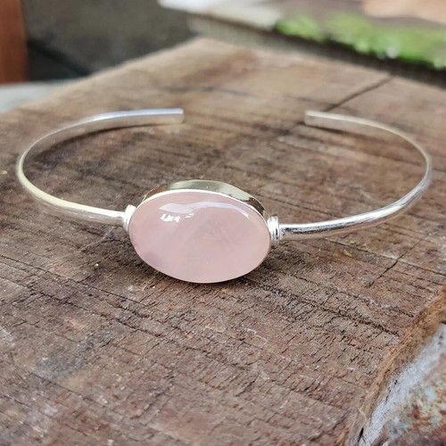Precioso Cuarzo Rosa Piedra Preciosa 925 Plata de Ley Hecho a Mano Pulsera Puño - Imagen 3 de 6