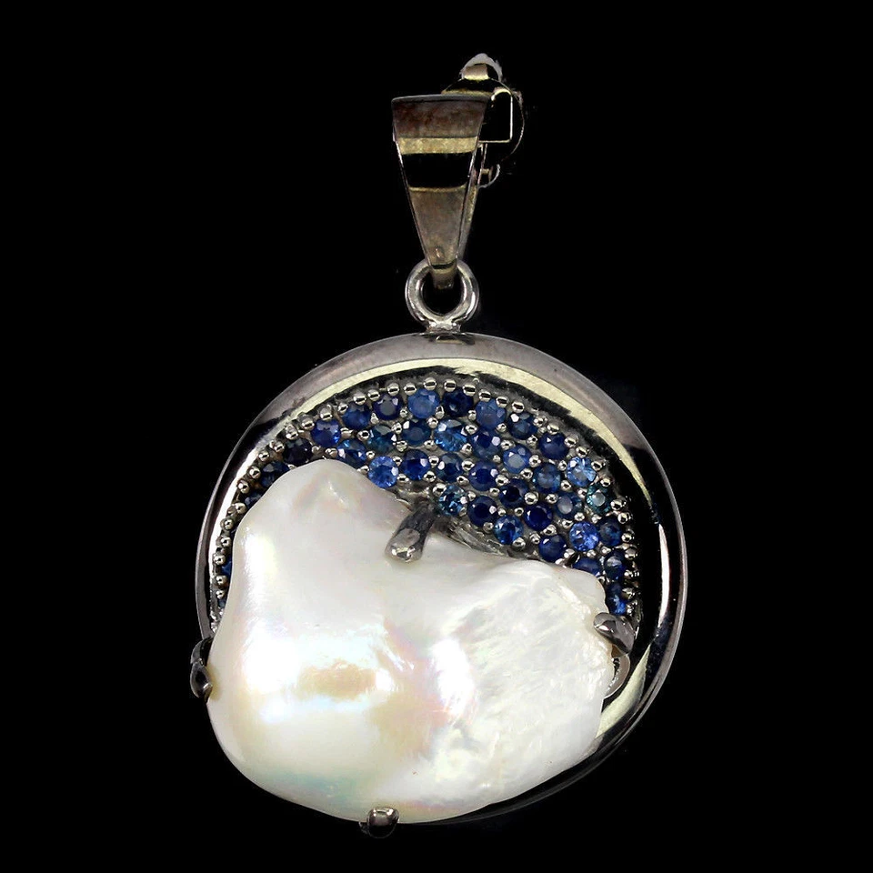 925 Pendente Argento Sterling Rotondo Zaffiro Blu Perla Gemma Gioielli Fatto - Immagine 2 di 4