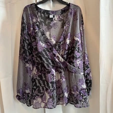 Studio 1940 Whimsical Floral Top Size 26 28W Sheer V Neck Fairycore Boho 18797