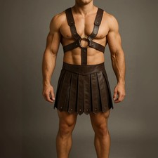 Handmade Leather Gladiator Kilt with Harness: Custom Fit Warrior Costume