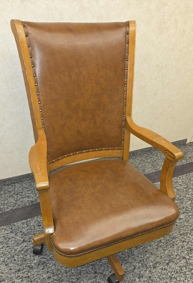 vintage Sikes wood and leather office chair With Wheels - Image 2 of 4