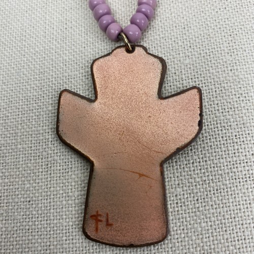 Vintage Enamel Hand Painted Pendant Necklace Embroidery Craft Needlepoint Signed - Picture 3 of 6