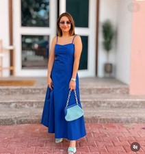 ZARA NEW WOMAN STRAPPY POPLIN TIE MIDI DRESS RUFFLE CORNFLOWER BLUE  XS 3152/317