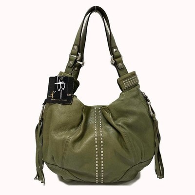 B. Makowsky Moss Green Leather Hobo Shoulder Bag Silver Hardware Tassels Pockets