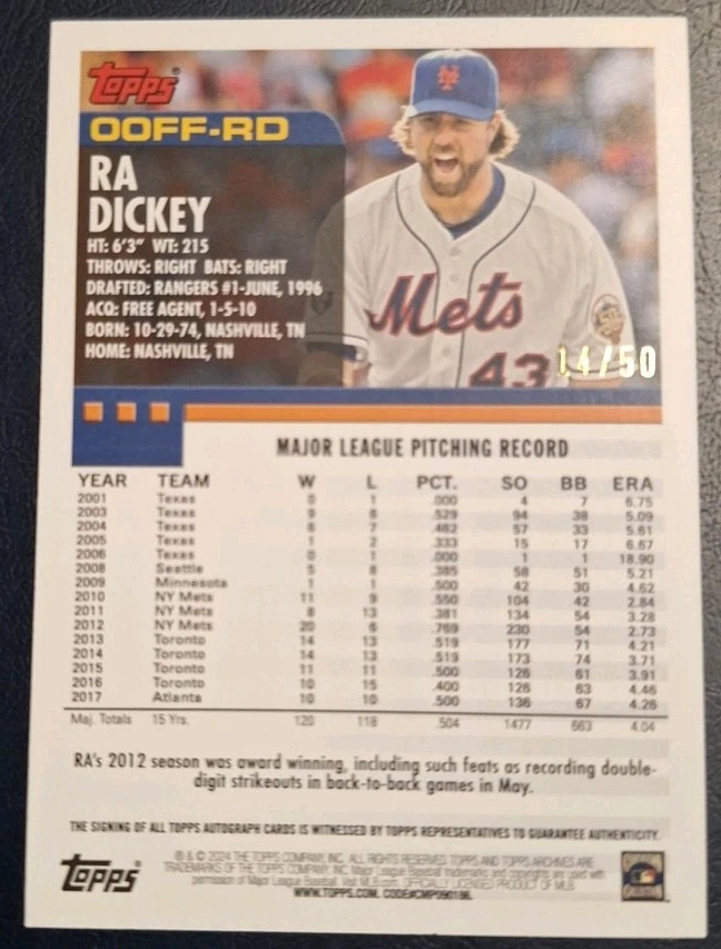 Archivos Topps 2024 - 2000 autógrafos favoritos de los fanáticos R.A. Dickey #00FF-RD 14/50 Foto 2 de 2