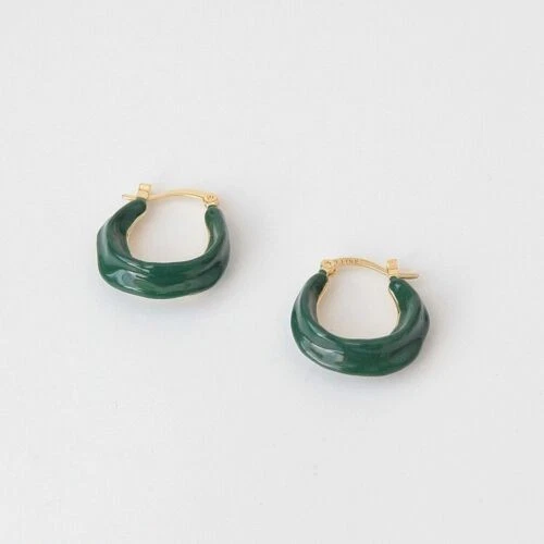 Signed Celine Designer Phoebe Philo Small Swirl Hoop Enamel Earrings Green