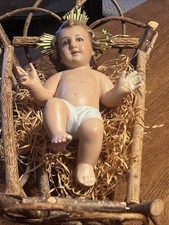 vintage spanish nativity infant 7”. Wooden Crèche 12” Glass Eyes