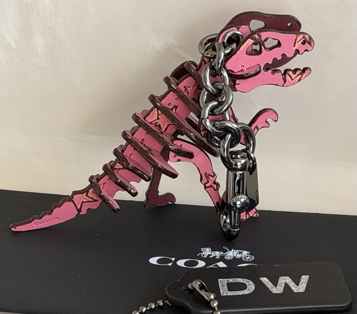 NEW COACH PINK/MULTI STAR PRINT LEATHER GLITTER REXY BAG CHARM FOB