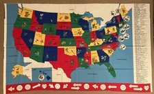 Fabric panel 36" x 59" - colorful USA map - states, capitals, flowers, birds