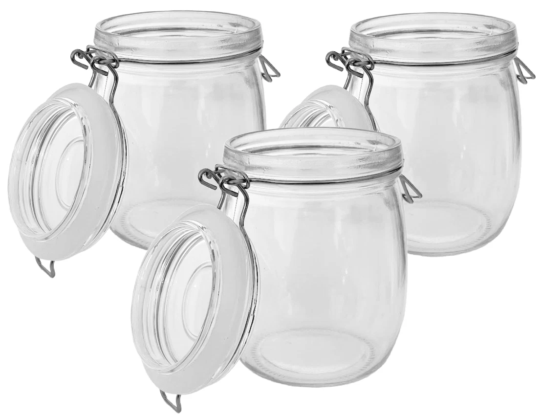 3PK 24oz Glass Jars w/ Bale Wire Clasp Locking Lids Air Water Tight Containers