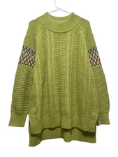 Sundance Cable Knit Oversized Sweater Womens 1X-2XL Green Mock Neck Embroidered
