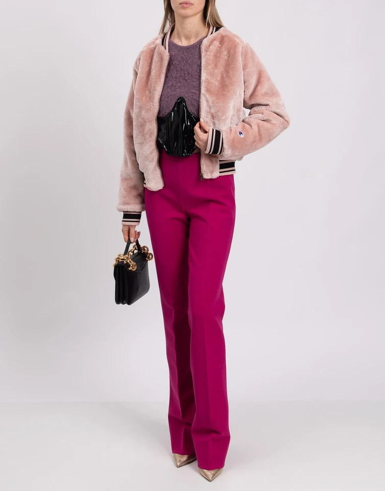 RRP €250 CHAMPION Faux Fur Bomber Jacket Size XS Pink Lined Striped Ribbed Neck - Image 2 of 4