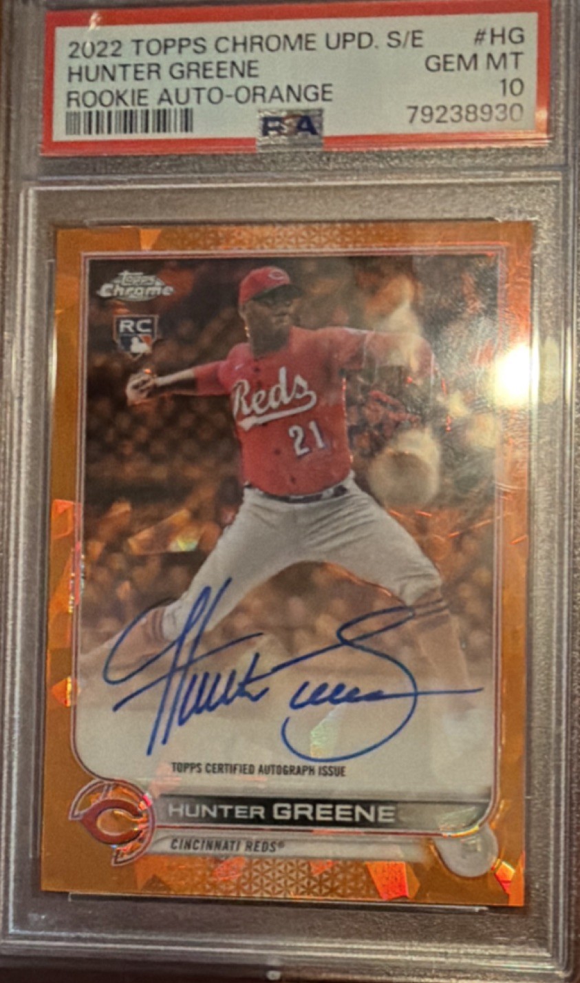 2022 Topps Chrome Sapphire Hunter Greene Rookie Auto Orange #RA-HG /25 PSA 10