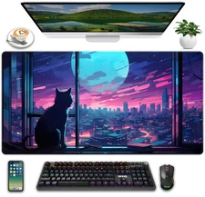Cool Purple Kawaii Anime Moom Cat Desk Mat XXL Large Gaming Mouse Pad, Cute C...