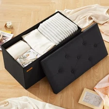  - Storage Ottoman Bench, 30 Inches Button Tufted Upholstered Ottoman Black