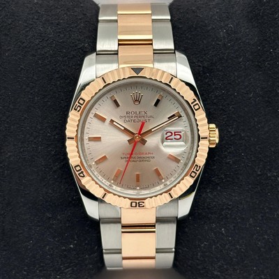 Rolex Datejust Turn-O-Graph 36mm 18K Rose Gold Steel Silver Dial Watch 116261