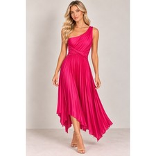 Billy J Pink One Shoulder Pleated Satin Midi Dress S Wedding Guest Formal