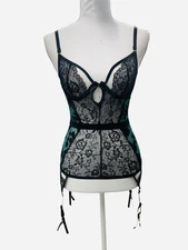 Seven Til Midnight Black Green Floral Garter Chemise Lingerie Mesh Sexy Bustier