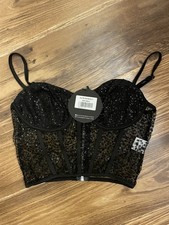 Corsé Top Blanco Fox Give Me More Bustier Negro Lentejuelas Nuevo con Etiquetas Talla Pequeña