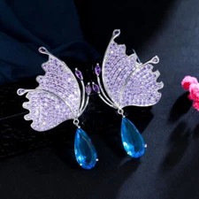 Sexy Purple Blue Drop CZ Crystal Dangle Drop Butterfly Wing Earrings for Women