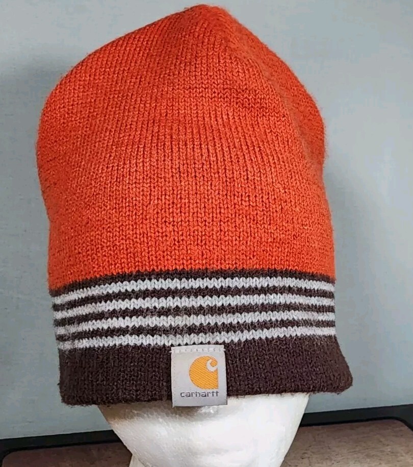 Carhartt Knit Beanie in Brown and Orange Stripe with Logo One Size