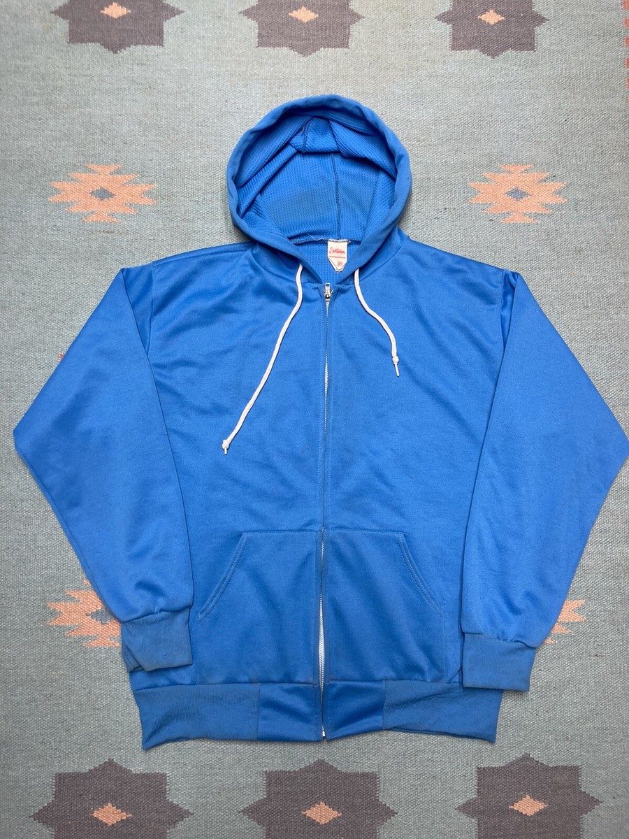 Vintage sportswear brand waffle knit hoodie thermal zip light blue