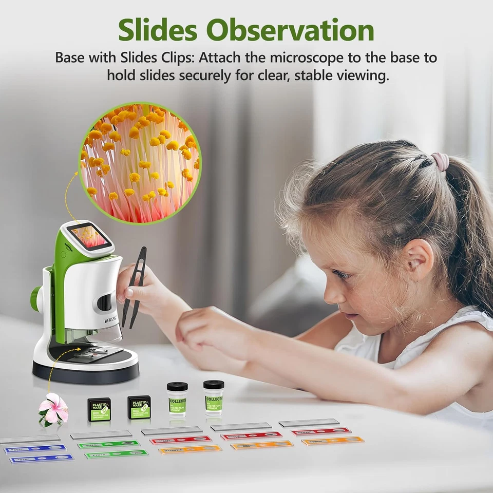 Mini Microscopio Portatile per Bambini Con Supporto, Schermo 4K Da 2 Pollici, 10 - Immagine 2 di 4