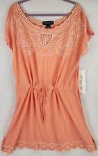 Colleen Lopez Dress Womens Large Coral Boat Neck Lace Trim Cap Sleeve Cover Up