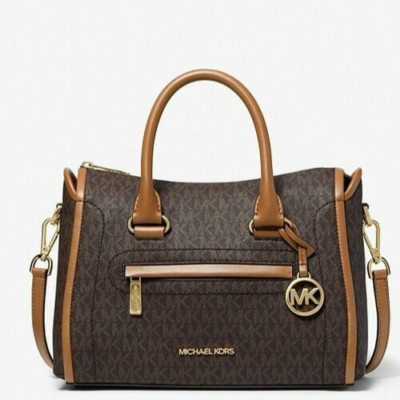  MICHAEL KORS CARINE MEDIUM BROWN GOLD LOGO MONOGRAM CROSSBODY SATCHEL BAG NWT