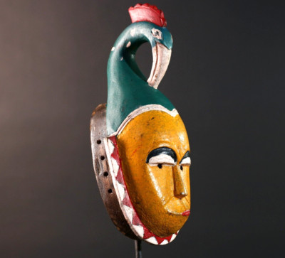 African tribal mask Guro carved wood parrot crest yellow face wall decor-G5536