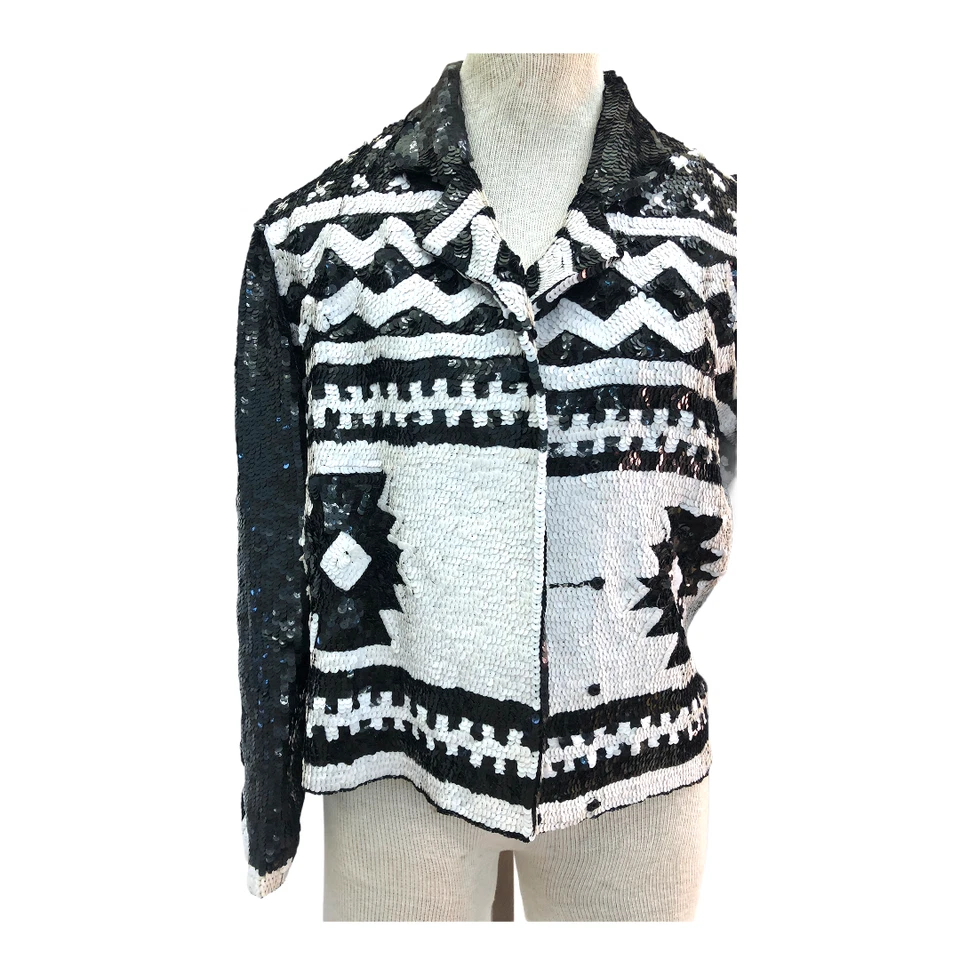 Винтажный винтажный 1980-х 80-х черно-белый блестками длинным рукавом куртка - Изображение 2 из 4