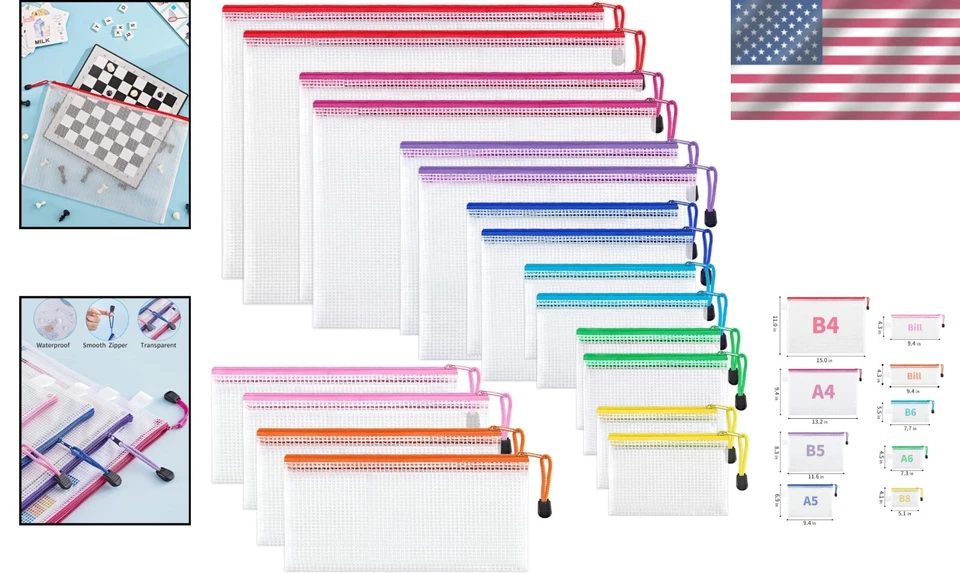 Durable 18-Pack Waterproof Zipper Pouches - 8 Sizes for Every Organization Need Foto 2 de 4