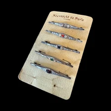 Vintage French Art Deco 5 Brooch Set With Rhinestone Accents On Original Nouveau