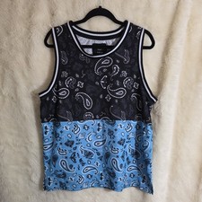 Camiseta sin mangas Y2K Rue 21 negra y azul bebé bandana estampado cachemira malla X-grande