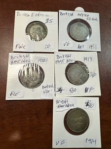 BRITISH EAST AFRICA 5- 50 CENT COINS 1906,1911 1912 ,1913,1914 Most Have Details