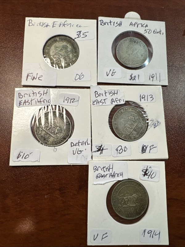 BRITISH EAST AFRICA 5- 50 CENT COINS 1906,1911 1912 ,1913,1914 Most Have Details