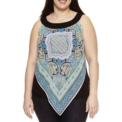 AGB Womens Black Sleeveless Tank Top Scarf Print Handkerchief Hem XL