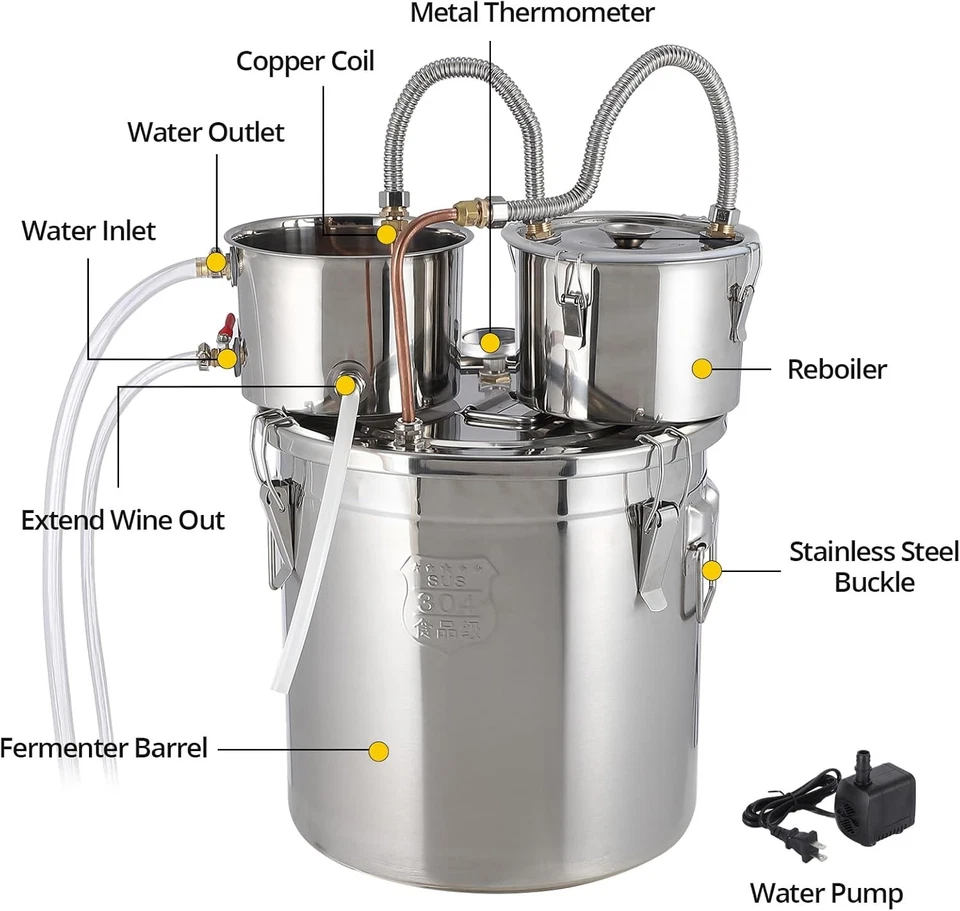 Alambique de alcohol doble frío - destilador de acero inoxidable + tubo de cobre y termómetro Foto 2 de 4