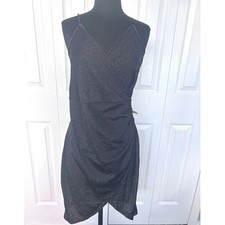 Womens Black Sparkle Glitter Ruched Wrap Mini Dress Camisole Straps Party