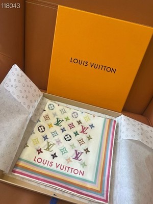 LOUIS VUITTON SCARF SQUARE SHAWL 100% AUTHENTIC CLASSIC LOGO SILK WHITE COLORFUL