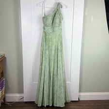 Azazie Charlize Dress Size 8 Green Fern Floral A-Line One Shoulder Chiffon Gown