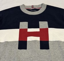 Men's Tommy Hilfiger Wool Luxury Red Gray Blue Knit Pullover Sweater Large "H"