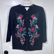 Christopher Banks Floral Embroidery Button Front Cardigan Women s M Black