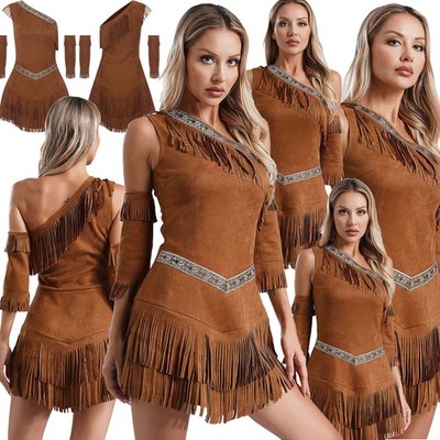 Womens One Shoulder Indian Princess Wild West Party Costume Set Arm Sleeves 
